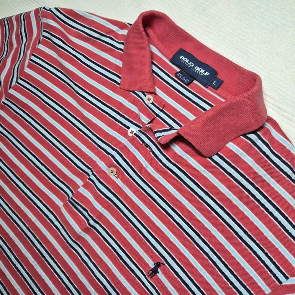 Polo Golf Ralph Lauren Mens Large Polo‎ Shirt Salmon Blue White Striped